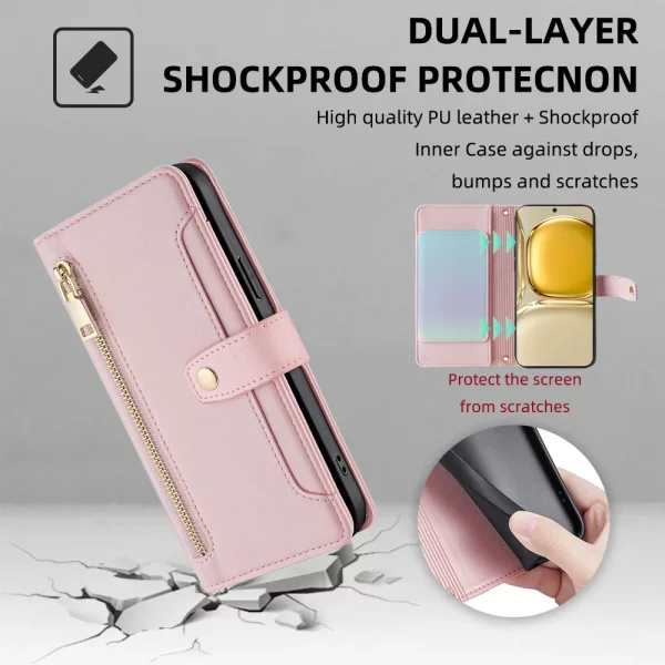 Luxury Leather Flip Phone Case for OPPO Reno 10 8 7 6 5 4 3 SE Pro Plus Zipper Wallet Phone Case With Lanyard and Card Slots 4