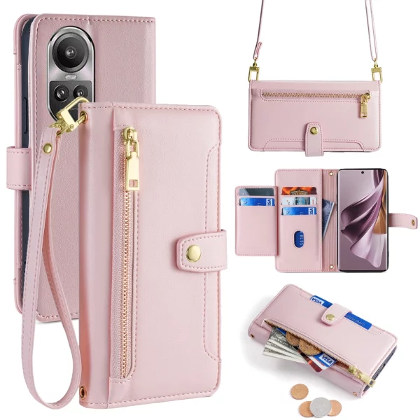 Luxury Leather Flip Phone Case for OPPO Reno 10 8 7 6 5 4 3 SE Pro Plus Zipper Wallet Phone Case With Lanyard and Card Slots 1