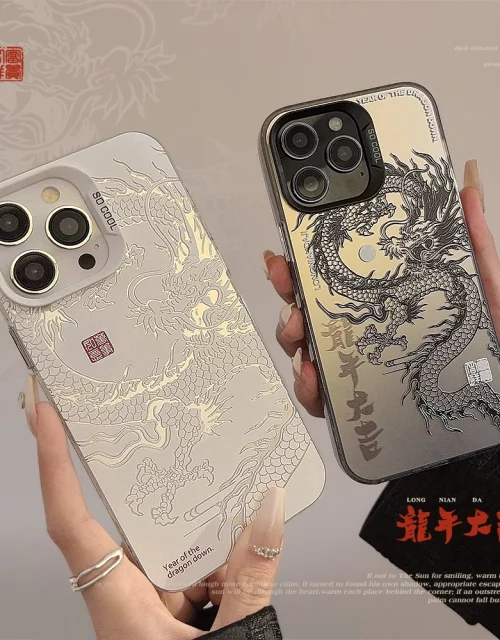 Oriental Style Happy Chinese New Year 2024 Dragon Totem Silvering Shockproof Cover Case For iPhone 15 14 13 12 11 Pro Max Plus 1