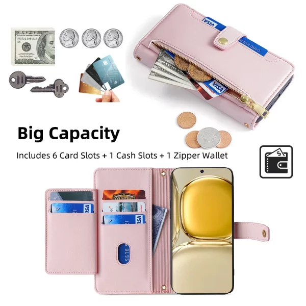 Luxury Leather Flip Phone Case for OPPO Reno 10 8 7 6 5 4 3 SE Pro Plus Zipper Wallet Phone Case With Lanyard and Card Slots 2